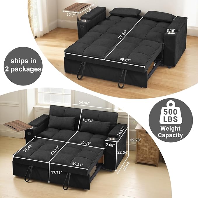 3 in 1 Sofa Bed 65 Inches Convertible Loveseat Sleeper with Side Table Pull Out Couch with 3 Level Adjustable Backrest Chaise Lounge with USB and Type-C Ports for Living Room Jet Black