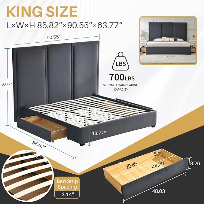 YUHUASHI King Size Bed Frame with 64-inch High Headboard Simple and Airy Linen Upholstered Platform Bed with Storage Drawers Wood Slat No Noise (Grey King (U.S. Standard))