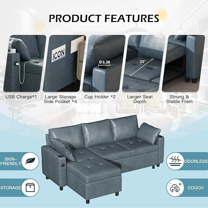 Esright Sleeper Sofa Bed 3-in-1 Pull Out Couch with Reversible Chaise Leather Sleeper Sofa with Storage USB Cup Holder Pullout Sectional Couches for Apartment Living Room Blue
