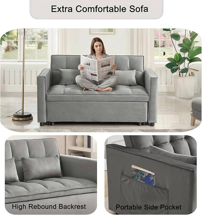 Loveseat Sleeper Sofa 3 in 1 Convertible Sofa Bed Adjustable Backrest Comfy Pull Out Couch Modern Upholstered Sofa for Living Room Bedroom Apartment Small Space (a-Grey)