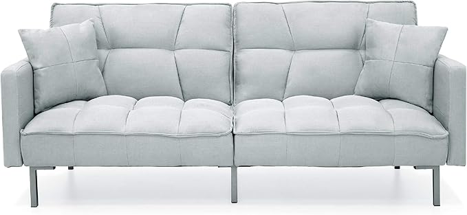 Best Choice Products Convertible Linen Fabric Tufted Split-Back Plush Futon Sofa Furniture for Living Room Apartment Bonus Room Overnight Guests w/ 2 Pillows Wood Frame Metal Legs - Light Gray