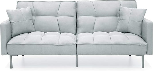 Best Choice Products Convertible Linen Fabric Tufted Split-Back Plush Futon Sofa Furniture for Living Room Apartment Bonus Room Overnight Guests w/ 2 Pillows Wood Frame Metal Legs - Light Gray