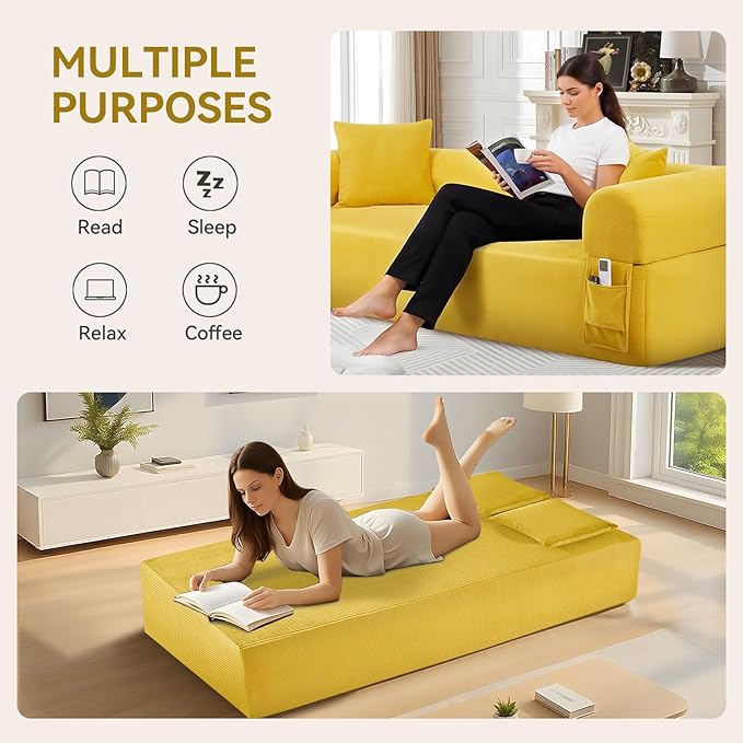 83 Boneless Couch 3 Seater Sofa with 2 Matching Pillows Compact Corduroy Couches for Living Room Side Storage Pockets Floor Sofa with Removable Armrests No Assembly Required Yellow