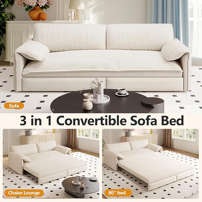 66 Queen Size Sofa Bed 3 in 1 Convertible Pull Out Sleeper Sofa with Thicked Cushions and Side Storage Velvet Loveseat Couch for Home Living Room Bedroom Apartment Lounge Small Spaces Beige