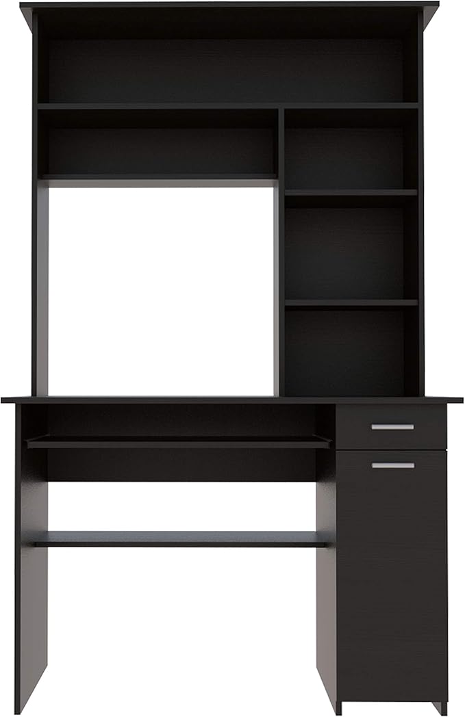 Compu 180 Hutch Desk - Black 5 Shelves Keyboard Tray CPU Panel 1 Drawer - Home Office Desk