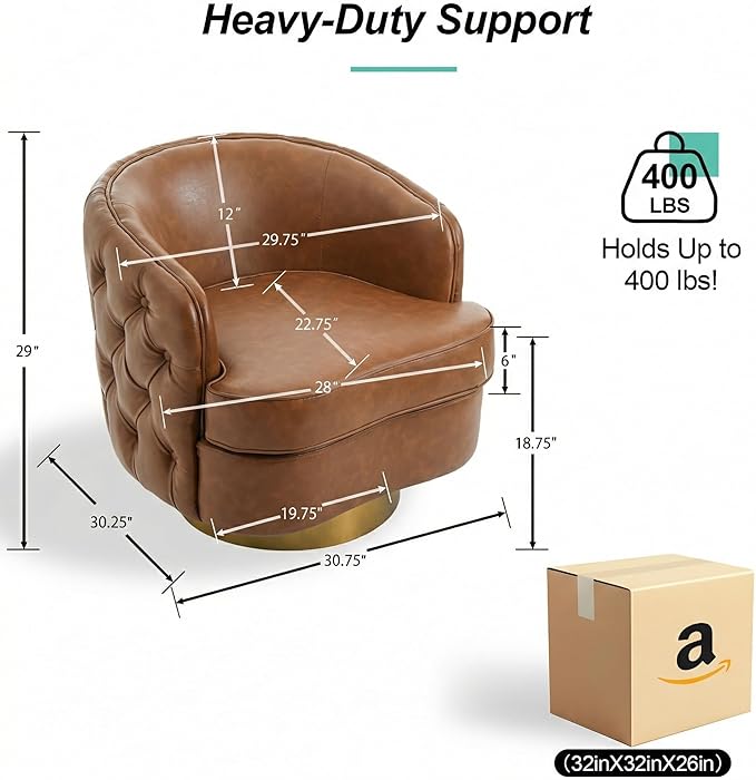Brown Leather Barrel Swivel Chair Modern PU Accent Chair 360° Rotating with Tufted Back for Living Room Bedroom Office with Removable Cushion Mid-Century Modern Club Seating