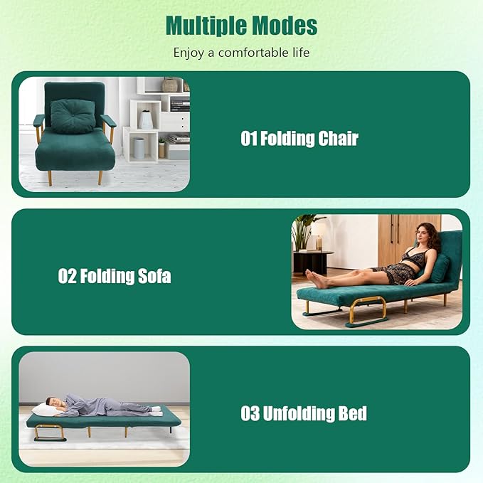 Convertible Sleeper Sofa Bed 3 in 1 Multi-Functional Sofa Chair Bed with 5 Position Adjustable Backrest Folding Sofa Bed Floor Single Chairs Fold Out Chair Beds for Living Room (Green)