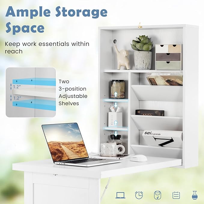 Tangkula Foldable Wall Mounted Desk Floating Table with Storage Shelves &amp Hooks Space-Saving Fold-Up Murphy Desk for Small Spaces Home Office Dorm Room