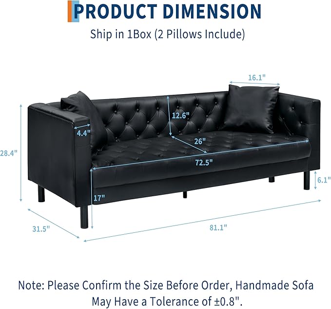 81 Button-Tufted Leather Sofa Mid-Century Modern Chesterfield 3 Seater with Deep Seat and 2 Pillows Ideal Leather Couch for Living Room Apartment and Office Use (Vintage Black)