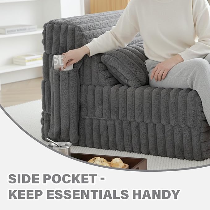 Tiita Folding Sofa Bed Twin Size Convertible Sleeper Chair Mattress with Pillow Thick Corduroy Floor Mattress Couch Bed with Side Pocket Guest Room Dorm Apartment Grey