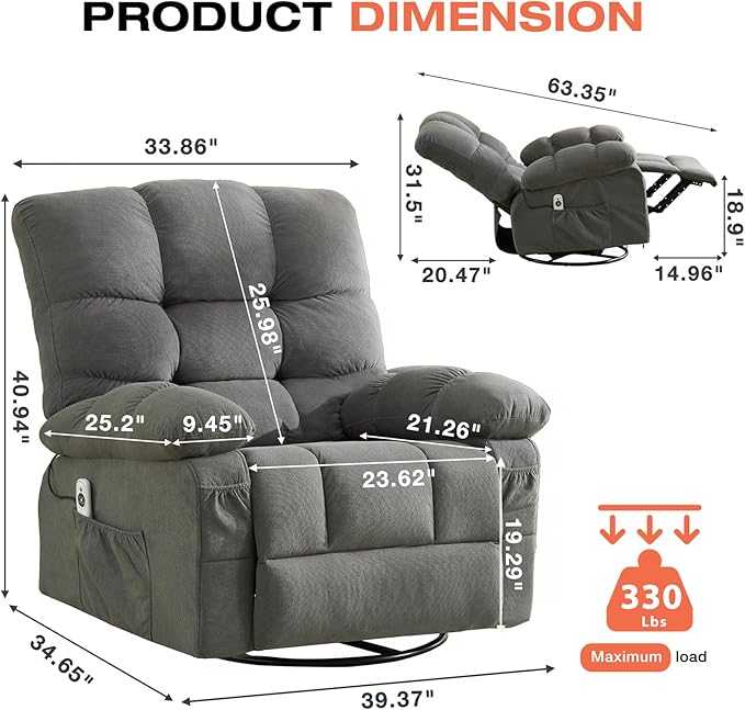 Massage Recliner Chair with Vibration Massage and Heat Recliner Lounge Chair for Living Room with Cup Holder and Side Pocket Recliner Chair for Adults (Grey)