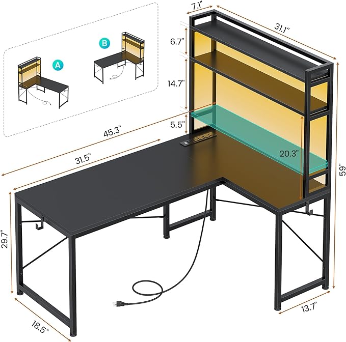 SEDETA L Shaped Gaming Desk Reversible 45.3” Small Corner Desk with Power Outlet and LED Lights Corner Gaming Desk with Storage Shelves Hooks for Small Space Black