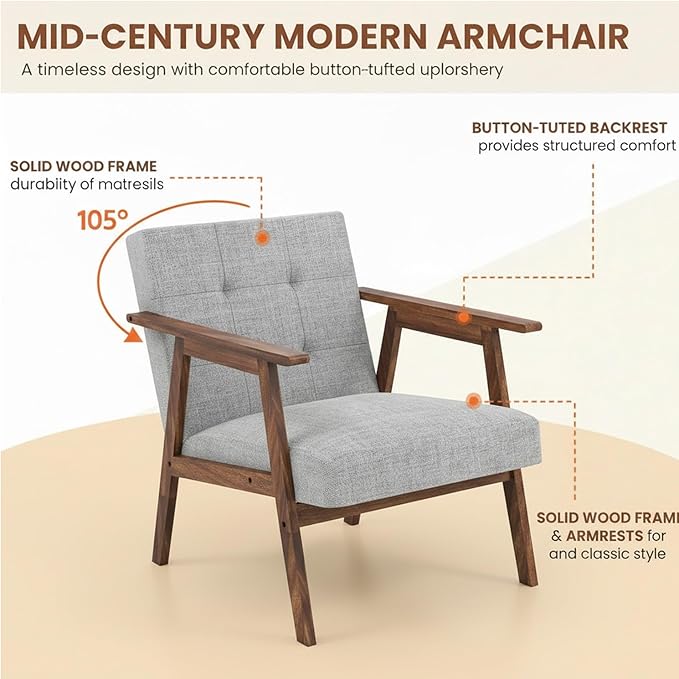TARSHYRY Mid Modern Accent Chair Linen Upholstered Armchair with Rubber Wood Frame and Soft Cushion Comfortable Lounge Chair for Living Room Bedroom Balcony (Light Grey)