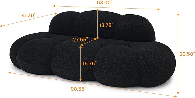 Cloud Shaped Floor Couches for Living Room 90 Curved Boucle Sofa Comfy Compressed Couch Deep Seat Loveseat Sofa for Bedroom Apartment Small Space (Black No Installation)