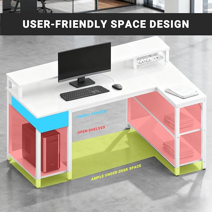 Simple Deluxe 47-inch L-Shaped Gaming Desk with LED Lights &amp Power Outlets Reversible Corner Computer Desk with Monitor Riser Drawer &amp Shelves for Home Office Black/White