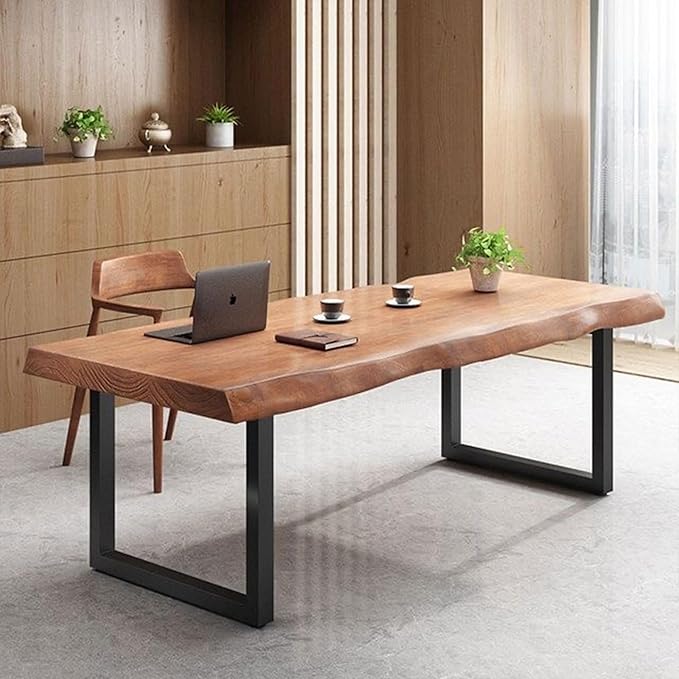 Stylish Solid Wood Office Desk with Sturdy Metal Base - Durable Multi-Size Executive Computer &amp Dining Table - Perfect for Home Office &amp Work Environments (Brown 55.12in)