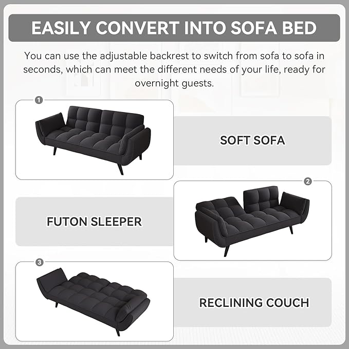 KINFFICT 57 inch Black Futon Sofa Couch Bed Comfy Velvet Upholstered Loveseat Convertible Sleeper Sofa cama with Adjustable Backrest Mid Century Modern Sofas for Living Room Bedroom Small Space