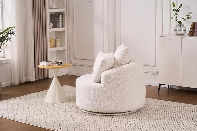 40” White Round Swivel Chair with 3 Pillows &amp Thick Cushion Oversized 360° Swivel Accent Chair Modern Boucle Armchair for Nursery Living Room Bedroom Club
