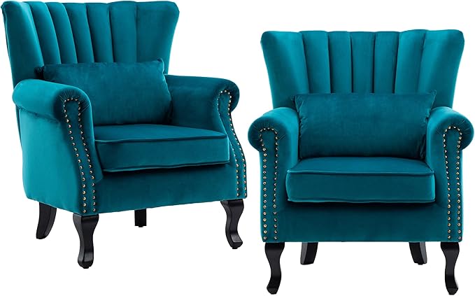chairus Mid-Century Modern Accent Chairs Set of 2 Comfy Sofa Chairs Channel Back Armchairs with Small Pillow for Living Roon Bedroom Club - Velvet Teal