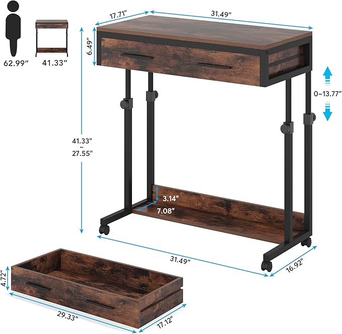 Tribesigns Portable Desk with Drawers Mobile Laptop Desk with Wheels Sofa Side Table Small Portable Standing Rolling Table for Home Office