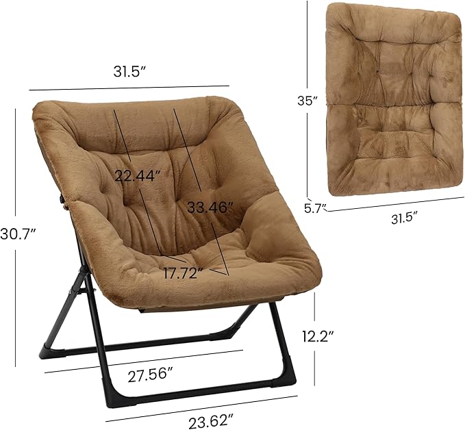 Comfy Saucer Chair for Adults Soft Faux Fur Bedroom Chair Accent Dorm Chairs Flexible Living Room Reading Chairs Oversized Folding Seat for Teens X-Large Brown