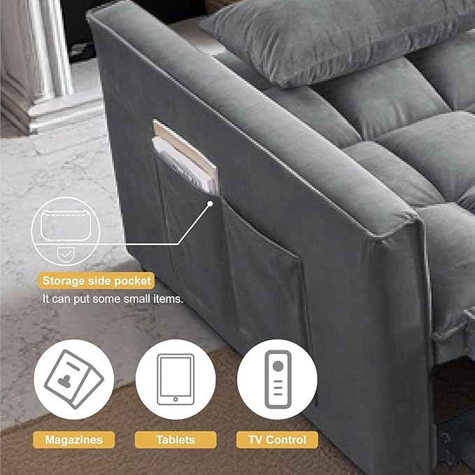 3 in 1 Convertible Sofa Bed Love Seat Sleeper Bed with Side Pockets Velvet Fabric Pull Out Couch with Adjustable Backrest for Living Room Bedroom Apartment Dark Gray