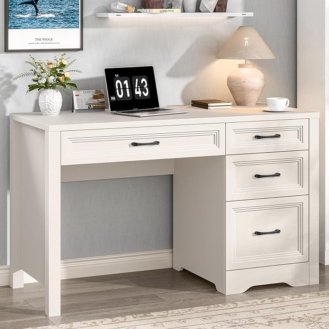 Vabches Farmhouse Executive Desk with Storage and Ample File Drawer Rustic Large Home Writing Desk for Bedroom Pure White
