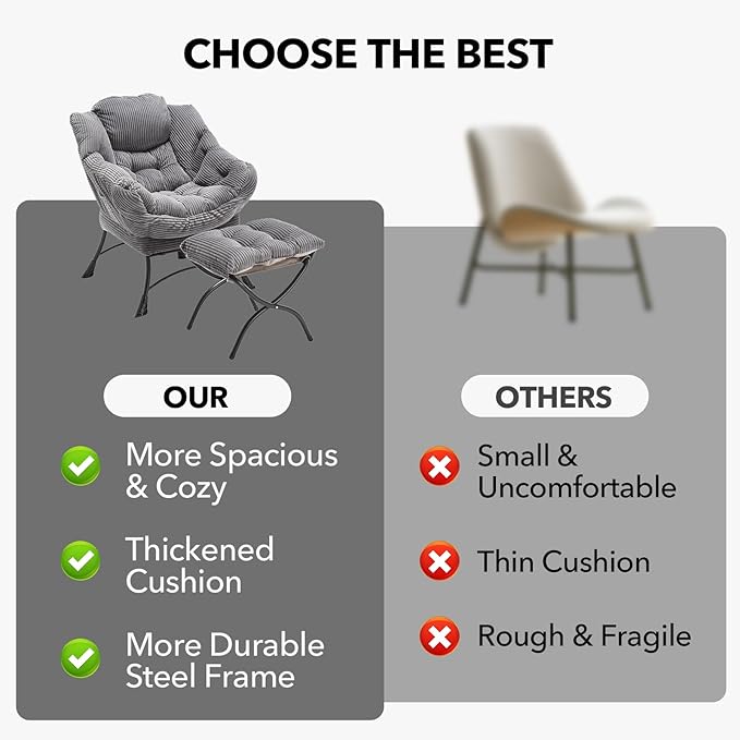NIOIIKIT Leisure Lazy Chair with Ottoman Corduroy Upholstered Lounge Armchair with Side Pocket Comfy Reading Chair Lazy Sofa Chair for Living Room Bedroom Office (Grey)