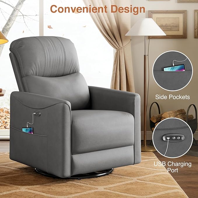 Kidirect Power Swivel Rocker Recliner 360° Swivel Recliner Chairs for Nursery Pu Leather Power Recliner Chair with USB Port and Side Pocket Electric Glider Rocking Chair for Living Room