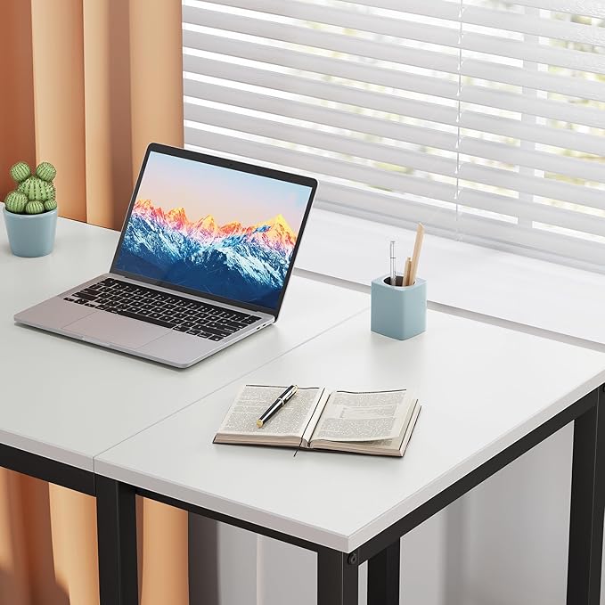 SINPAID Computer Desk 47 inches with 2-Tier Shelves Sturdy Home Office Desk with Large Storage Space Modern Gaming Desk Study Writing Laptop Table White Desk