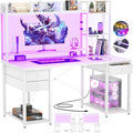 Aheaplus Desk with LED and Outlets Gaming Desk with Hutch 47.2'' Computer Desk with Drawers Reversible Office Desk with Storage Bookshelf Large Workstation Desk with Shelf Desk for Home White