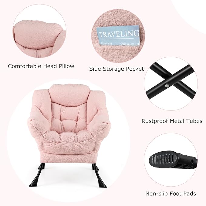 HOMGX Lazy Chair with Ottoman Modern Accent Chair w/Folding Footstool &amp Side Storage Pocket Upholstered Comfy Reading Chair for Bedroom Living Room Office (Pink)