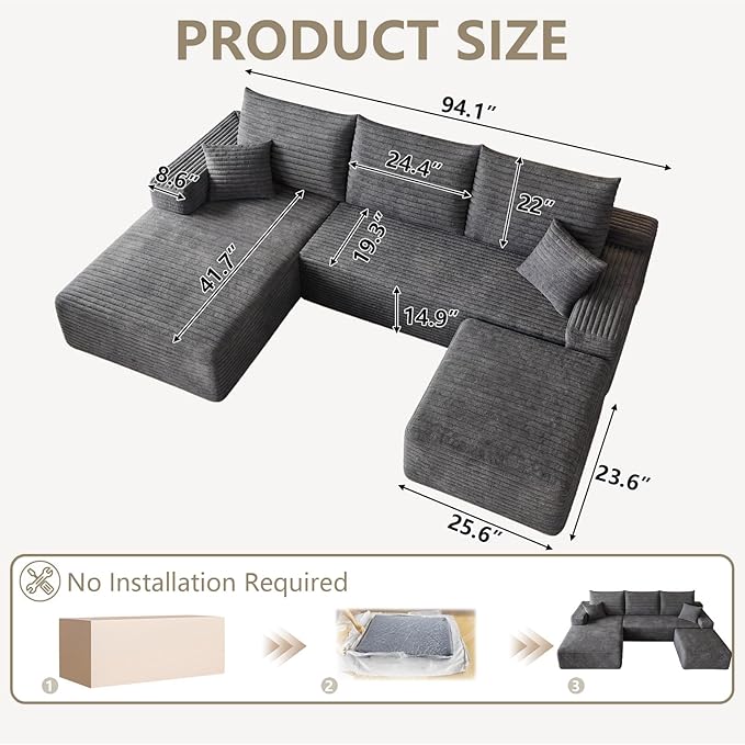 95 Modular Sectional Sofa Cloud Sectional Couch with Deep Seat Corduroy Boneless Couch with U Shaped Couch for Living Room No Assembly Required(Dark Gray Left Facing Chaise)