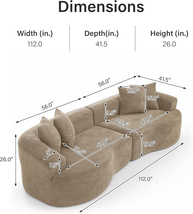 DEINPPA Oversized Modular Couch with 4 Pillows 4-Seater Curved Cloud Sofa Chenille Upholstered Comfy Couch for Living Room Apartment Office No Assembly Needed-Camel