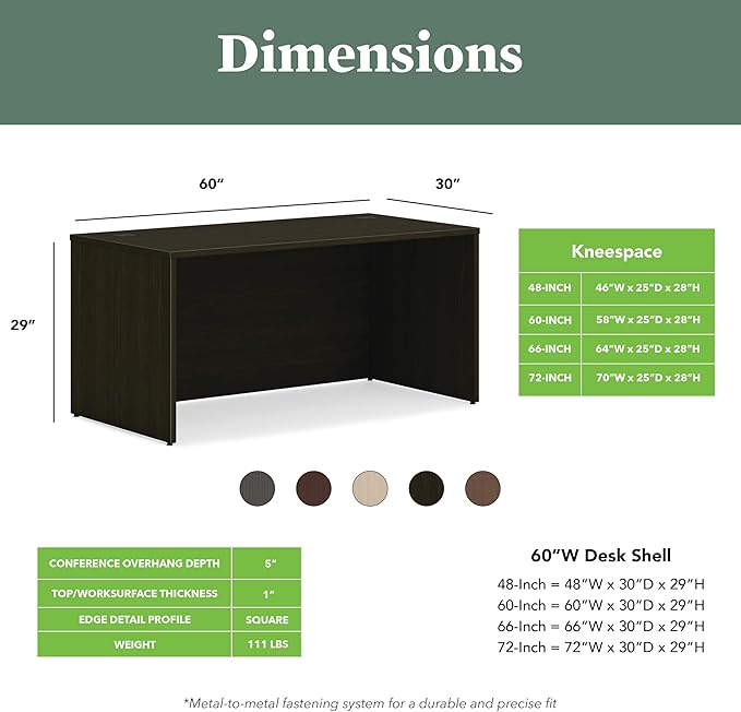 HON MOD Executive Desk 60-Inch Large Computer Desk Shell Thick Wooden Laminate Modern Table with Cord Management 60 W x 30 D x 29 H Java Oak