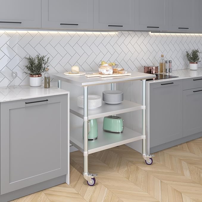 AmGood Stainless Steel Work Table with 2 Shelves and Casters | Metal Utility Table On Wheels (Stainless Steel Work Table with 2 Shelves + Casters 36 Long x 30 Deep)