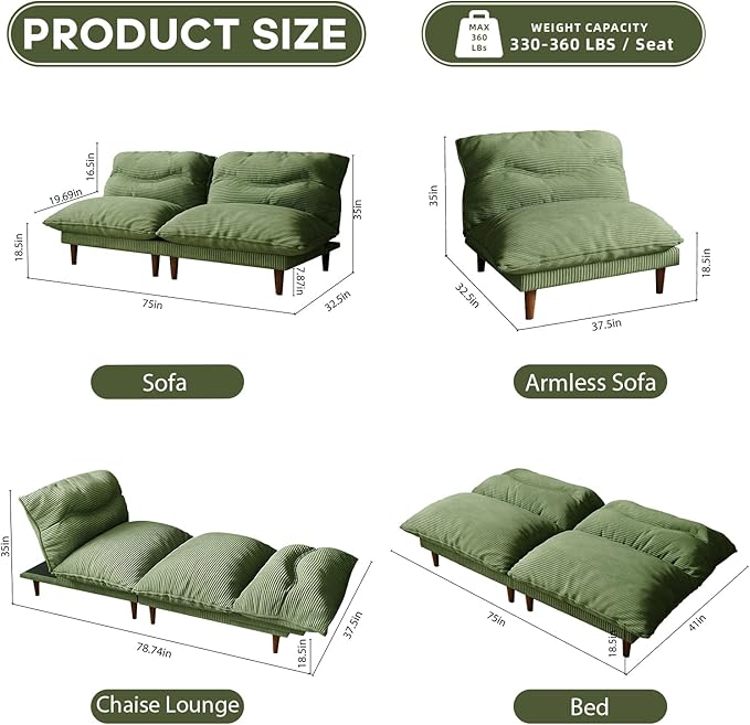 Futon Sofa Bed 4 in 1 Multi-Functional Futon Couch with Adjustable Backrest Convertible Sleeper Sofa Bed and Recliner Lounge Loveseat for Living Room Apartment Office 3 Sets Green
