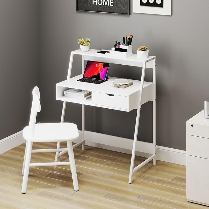 HOMCOM Home Office Desk Computer Desk with A Frame for Small Spaces Writing Table with Drawer and Storage Shelves White