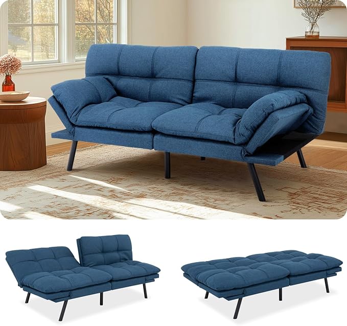 MUUEGM Futon Sofa Bed 71 Convertible Memory Foam Royal Blue Futon Couch Bed Modern Loveseat Sleeper with Adjustable Backrests Armrests for Living RoomSmall SpaceOffice