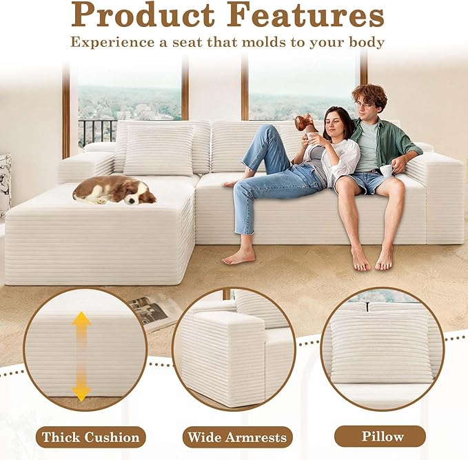 104 Boneless Couch with Chaise Sectional Couches for Living Room L Shaped Couch 4 Seat SofaCompression Sofa for Bedroom Comfy No Assembly Corduroy (White Left)