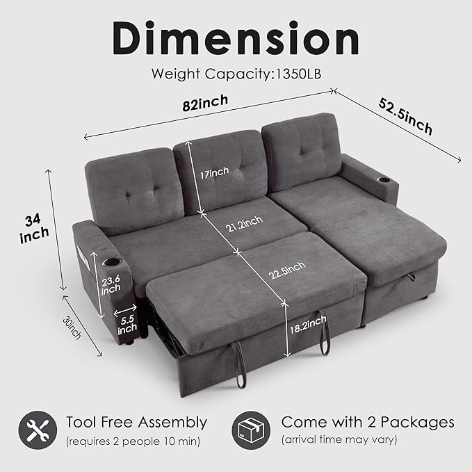 Reversible Sectional Sofa Couch Sleeper Sofa Bed with Storage Chaise Pull Out Couch for Living Room | USB Charge | Cup Holder | Removable Backrest |Teddy Fabric (LightGrey)