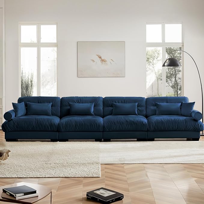 166 Large Sectional Couches for Living Room Cloud Modern Modular Deep Seat Sofa Set Comfy Couches Velvet Fluffy 4 Seater Sofa Set for Bedroom Apartment Blue