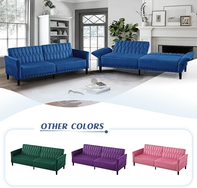 77” Velvet Sofa Bed with Adjustable Armrests and BackrestsTufted Convertible Futon Couch with Nailhead Trim Loveseat Modern Velvet Sleeper Sofa for Living RoomBedroomOfficeBlue