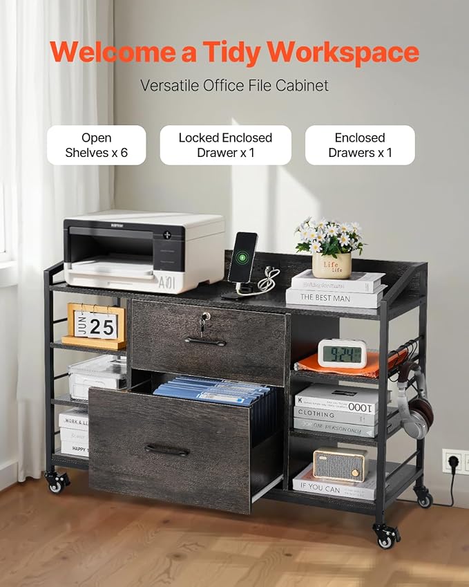 VEVOR 2 Drawers Metal File Cabinet Lateral Filing Cabinet with Lock and 6 Open Shelves Wooden Wide Filing Storage Cabinets with Power Strip for Letter A4 Legal Size File Easy Assembly Gray