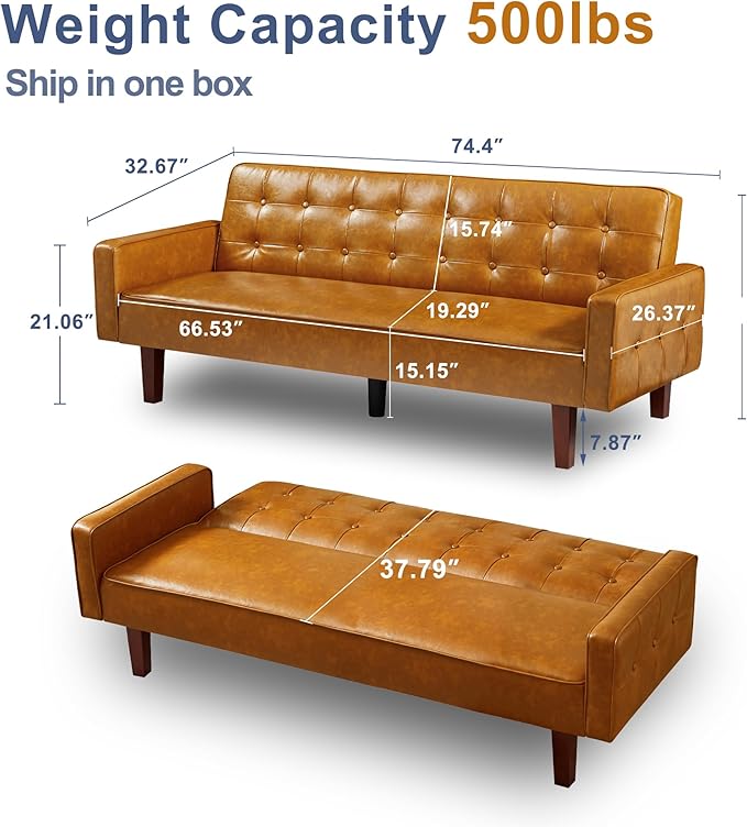 74 Modern Futon Couch Futon Sofa Bed Mid Century Sofa Bed Loveseat Couches for Small Spaces Living Room Bedroom (Faux Leather Light Brown)