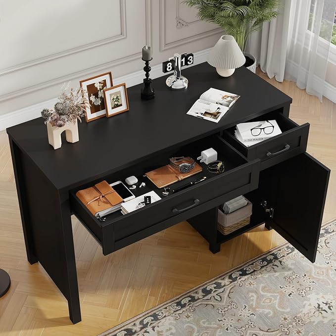Farmhouse 47 Executive Desk Computer Desk with Drawers and Storage Cabinet Workstation Computer Desk for Home Office Study.Pure Black