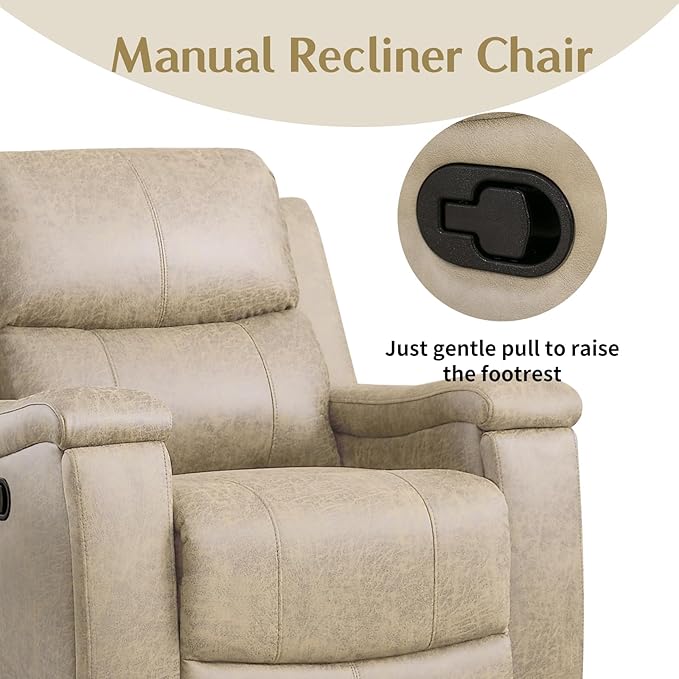 CANMOV Leather Recliner Chair Classic and Traditional Manual Recliner Chair with Overstuffed Arms and Back Manual Single Sofa with Concealed Cup HoldersBeige