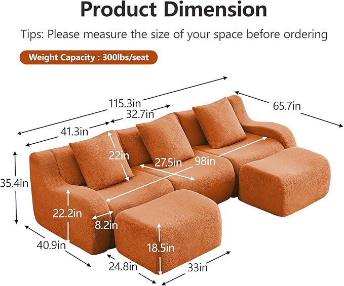 Orange U-Shaped Cloud Couch with 2 Ottomans Modern Teddy Fabric Boneless Sectional Sofa in a Box for Living Room Modular Floor Couch Deep Seat No Assembly Required Sofas para Sala