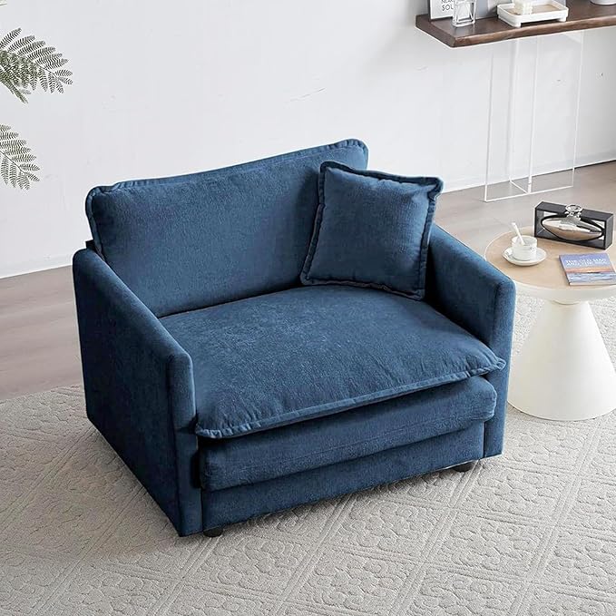 Oversized Accent Chair with Ottoman Modern Cloud Chaise Lounge Chair Indoor with Deep Seat Upholstered Comfy Armchair Reading Chairs Sofa for Bedroom Living Room Apartment Blue Chenille