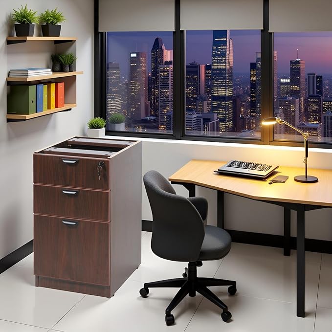 Mahogany Deluxe Full Pedestal Box File Configuration Thermal Fused Melamine Construction 3mm PVC Edge Banding Scratch Resistant Finish Full Extension Ball Bearing Slides Contemporary Design
